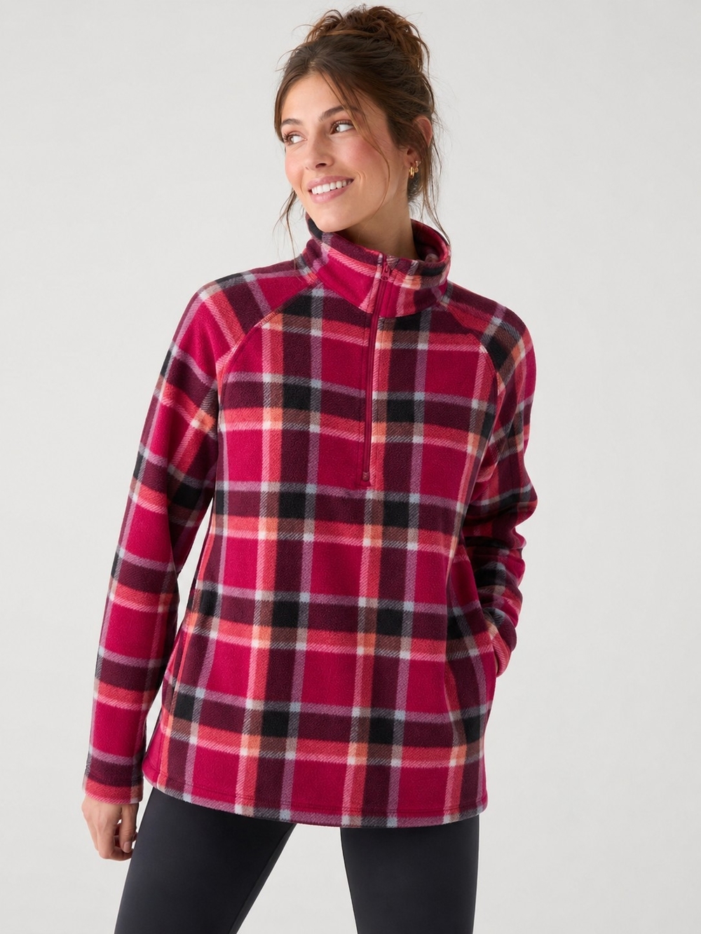 Eddie Bauer Pink Plaid Half-Zip Fleece Pullover